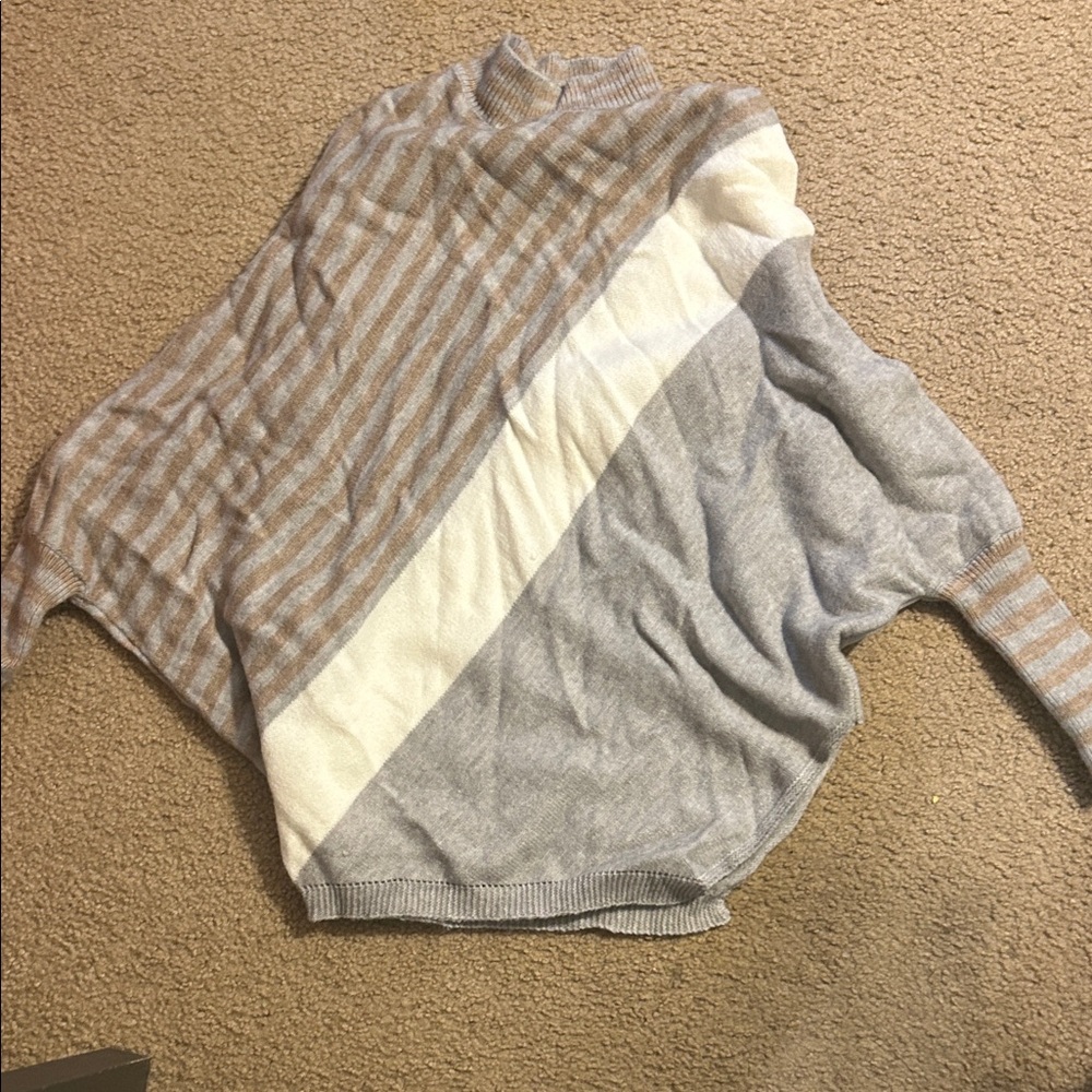 SHEIN Gray and Cream Striped Poncho Sweater